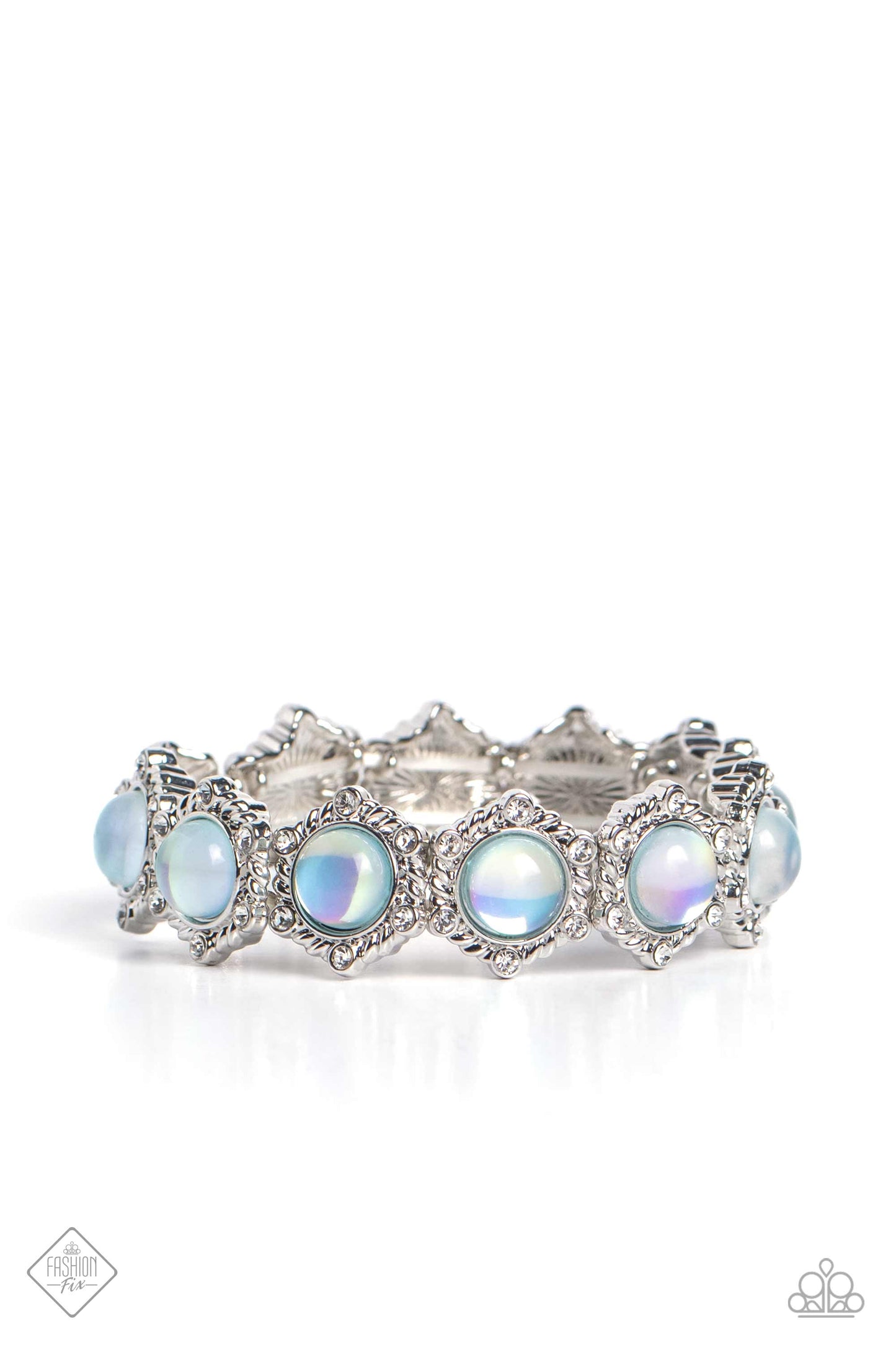 Summer Stupor - Green and Silver Bracelet - Paparazzi Accessories - Silver frames, rippling in intricate texture and featuring a subtle hexagonal shape, are dusted in dainty white rhinestones. Featuring an opalescent finish, glassy green beaded centers shimmer around the wrist for a dreamy design infused on an elastic stretchy band. Sold as one individual bracelet.
