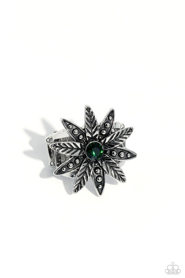 Sunflower Season - Green Flower Ring - Paparazzi Accessories - Unfurling around an emerald gem center, textured and studded silver petals alternate atop airy silver bands on the finger for a whimsically botanical centerpiece. Features a stretchy band for a flexible fit.