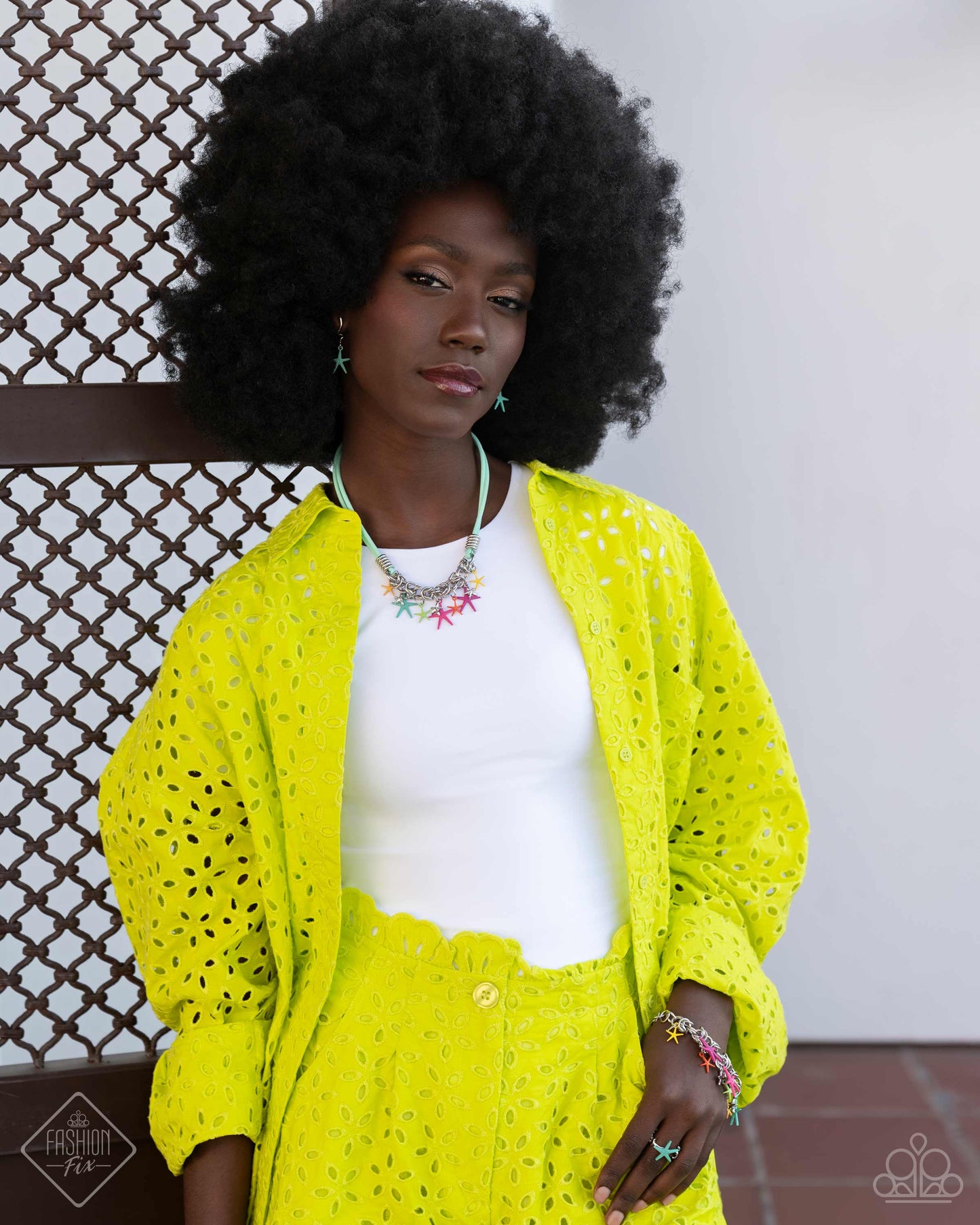 Sunset Sightings - Colorful Starfish Jewelry Set - Paparazzi Accessories - Includes one of each accessory featured in the Sunset Sightings Trend Blend in April's Fashion Fix: STARFISH Me Luck - Multi Necklace, Written in the STARFISH - Blue Post Earrings, Dancing With The STARFISH - Multi Bracelet, and Wish Upon A STARFISH - Blue Ring.