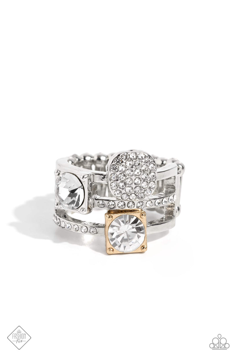 Tailored Two-Tone - Multi Metal (Gold and Silver) Ring - Paparazzi Accessories - Glistening silver bands, infused with dainty white rhinestones, arc across the finger in airy layers. Exaggerated sparkling accents emerge in a haphazard pattern across the bands, including two round-cut gems encased in square fittings and a silver disc covered in tiny white rhinestones. One of the square fittings features a gold finish, establishing an irresistibly glamorous mixed metal palette.