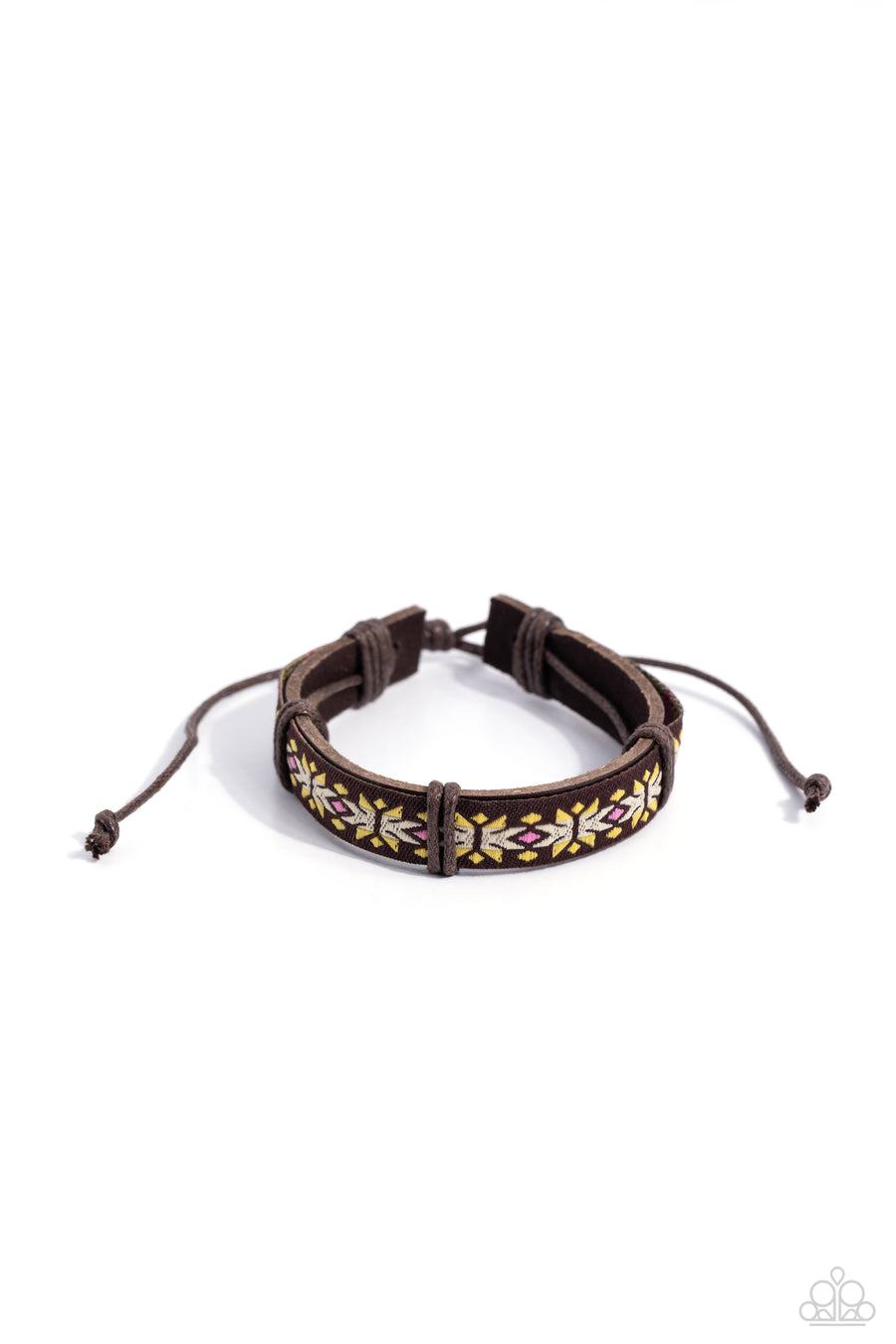 Trailblazing Textiles - Yellow Brown Urban Leather Bracelet - Stitched in a colorful southwestern inspired textile pattern, a brown ribbon is knotted in place across the front of a brown leather band for an adventurous vibe.