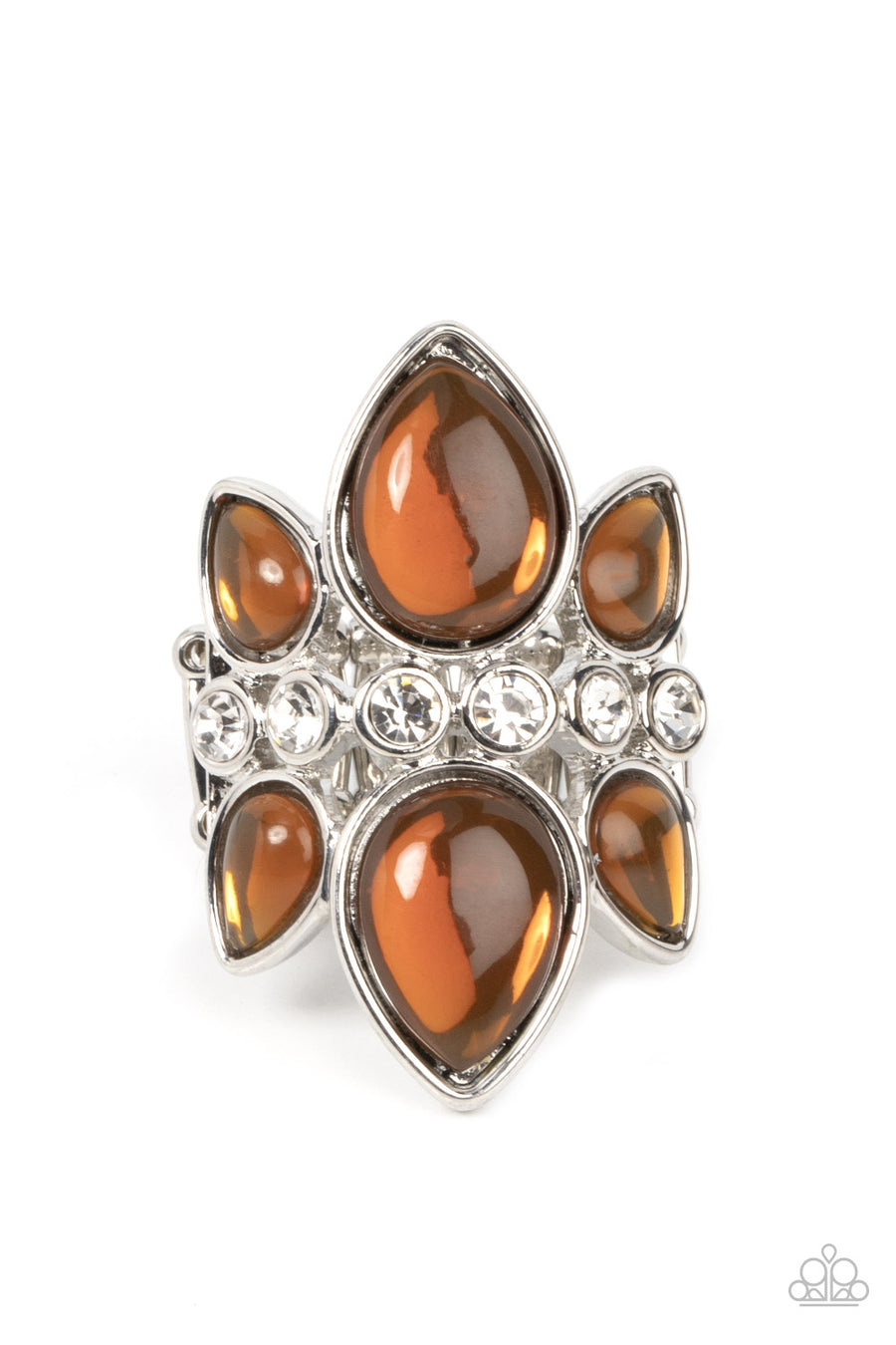 TRIO Tinto - Brown Ring - Paparazzi Accessories - Crowns of glassy brown teardrop beads fan out from a center of glassy white rhinestones, coalescing into an ethereal centerpiece atop the finger. Features a stretchy band for a flexible fit.