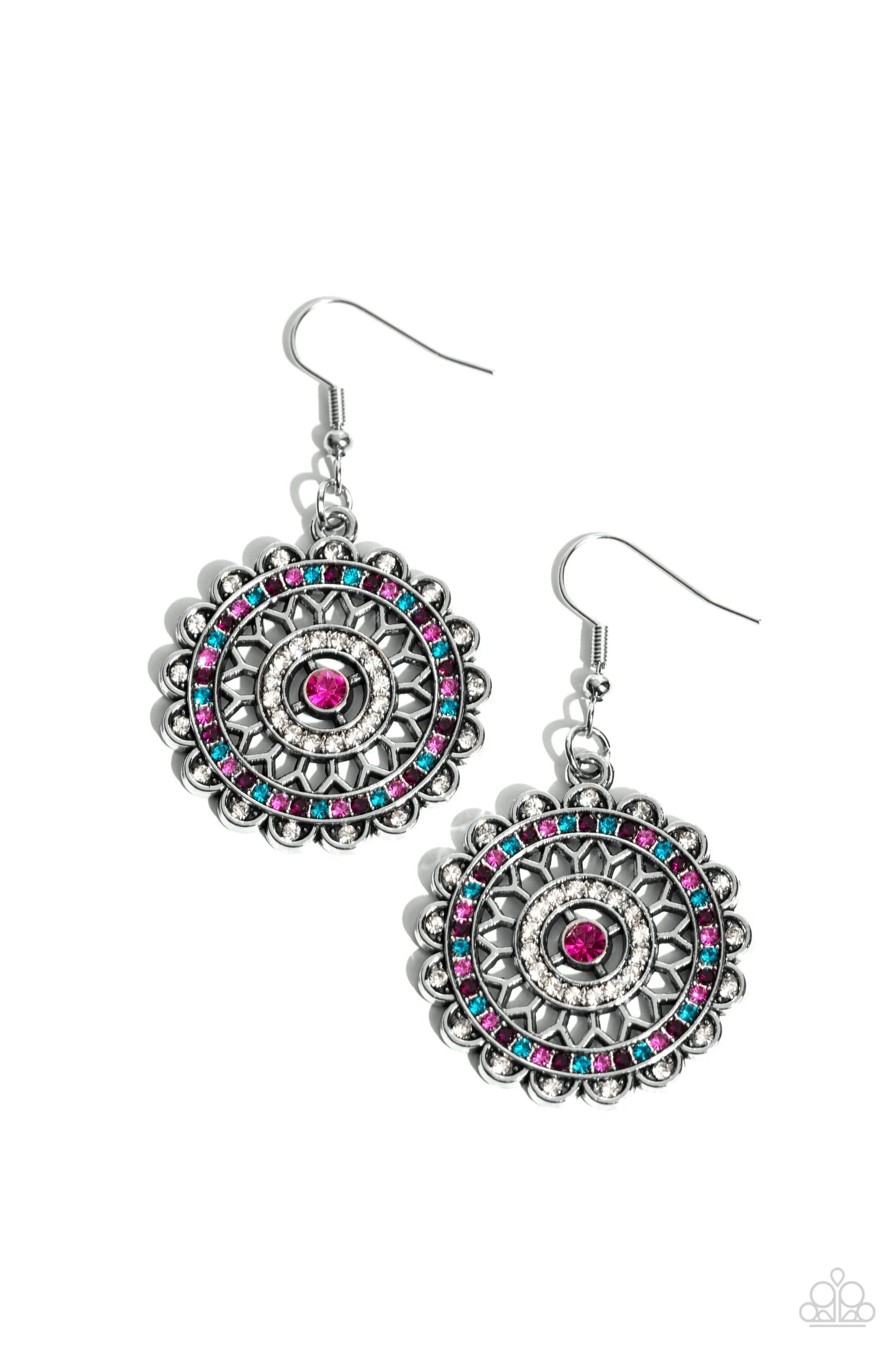 Twinkly Translation - Multi Color Earrings - Paparazzi Accessories - Dotted with a glittery Fuchsia Fedora rhinestone center, rings of glassy white and sparkly multicolored rhinestones radiate from airy silver petals inside of a white rhinestone petaled frame for a twinkly floral finish.