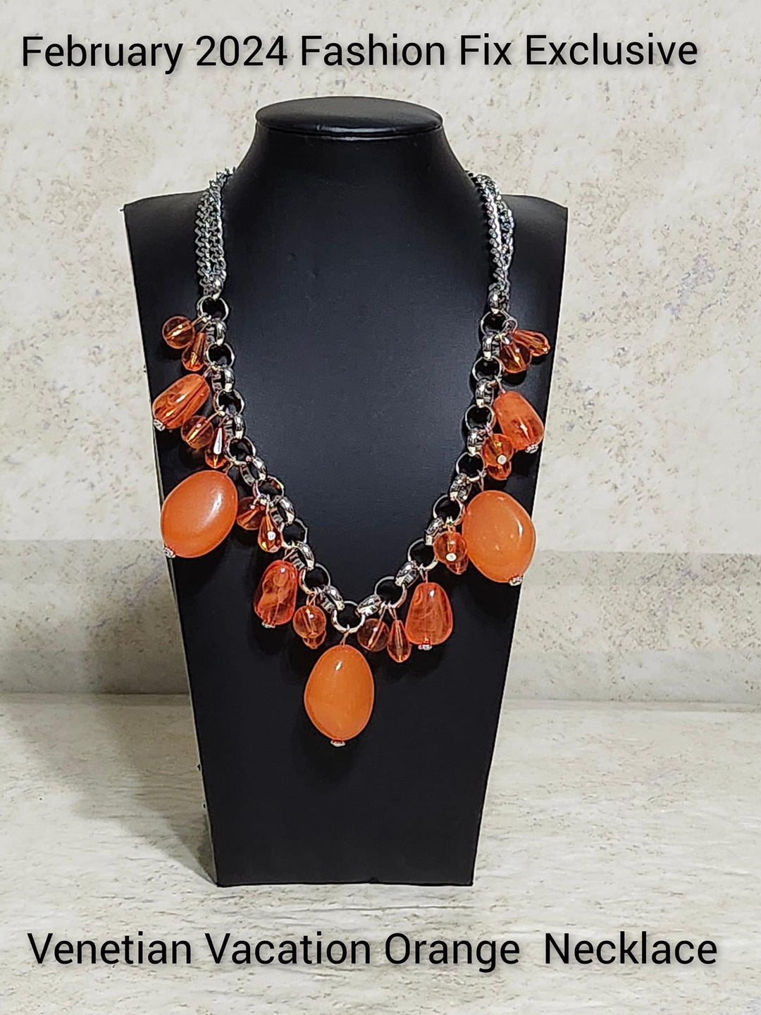 Venetian Vacation Orange Necklace - Paparazzi Accessories - Glassy orange beads and teardrop accents join an oversized assortment of orange faux stone beads dancing below the collar, resulting in a flirtatious fringe.