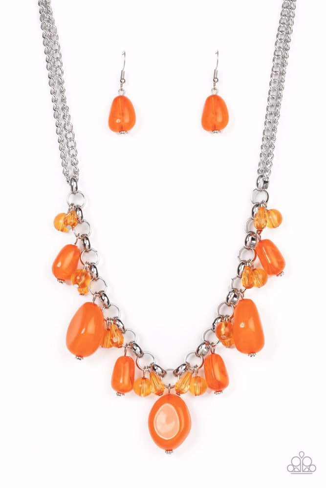Venetian Vacation Orange Necklace - Paparazzi Accessories - Glassy orange beads and teardrop accents join an oversized assortment of orange faux stone beads dancing below the collar, resulting in a flirtatious fringe.
