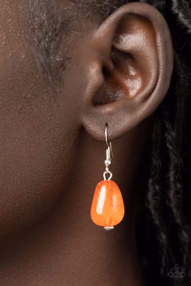 Venetian Vacation Orange Necklace - Paparazzi Accessories - Glassy orange beads and teardrop accents join an oversized assortment of orange faux stone beads dancing below the collar, resulting in a flirtatious fringe.