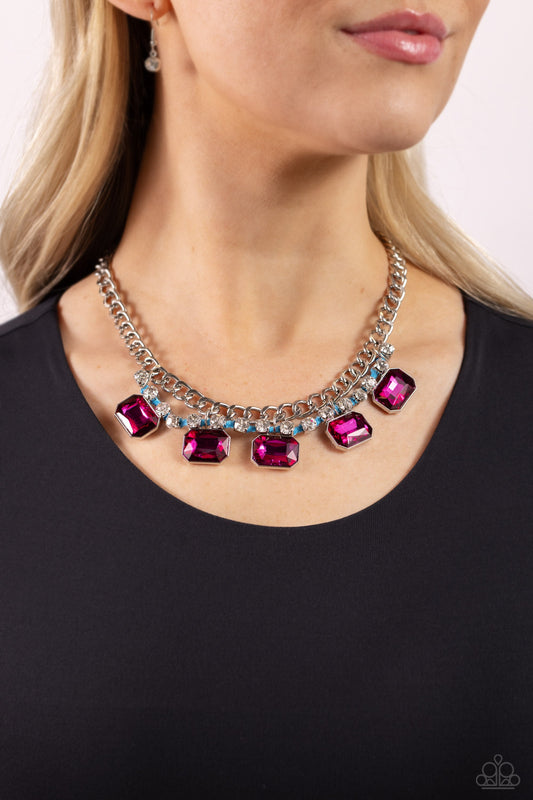 WEAVING Wonder - Blue and Pink Gem Necklace - Paparazzi Accessories - A strand of flat silver curb chain dramatically drapes across the chest for a bold industrial look. A row of faceted pink emerald-cut gems cascades from the bottom of a strand of glittery white rhinestones set in silver square fittings and ornately woven in turquoise cording for a modern look.
