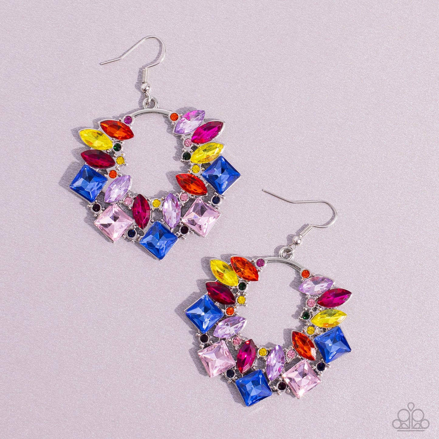 Wreathed in Watercolors - Multi Color Earrings - Paparazzi Accessories - A glassy collection of various multicolored rhinestones explodes across the front of a silver wreath, resulting in a geometric, jaw-dropping dazzle earrings.