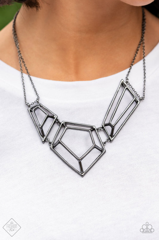 3-D Drama - Black Metal (Gunmetal) Fashion Necklace -  Paparazzi Accessories - Glistening gunmetal bars connect into edgy 3-dimensional frames below the collar, creating a bold geometric statement unique necklace. Features an adjustable clasp closure. Sold as one individual necklace.