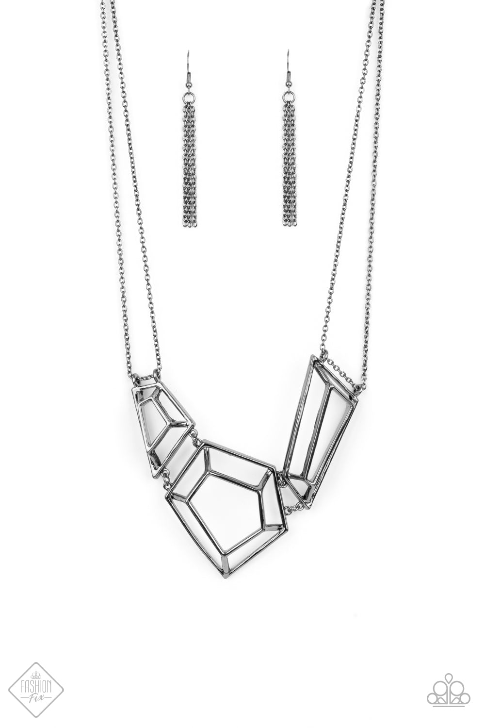 3-D Drama - Black Metal Necklace - Paparazzi Accessories - Glistening gunmetal bars connect into edgy 3-dimensional frames below the collar, creating a bold geometric statement fashion necklace. Features an adjustable clasp closure. Sold as one individual necklace.