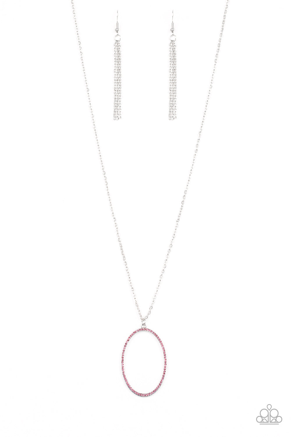 A Dazzling Distraction - Pink and Silver Necklace - Paparazzi Accessories - Glassy pink rhinestones, an airy silver hoop swings from the bottom of a lengthened silver chain for a refined flair. Features an adjustable clasp closure.