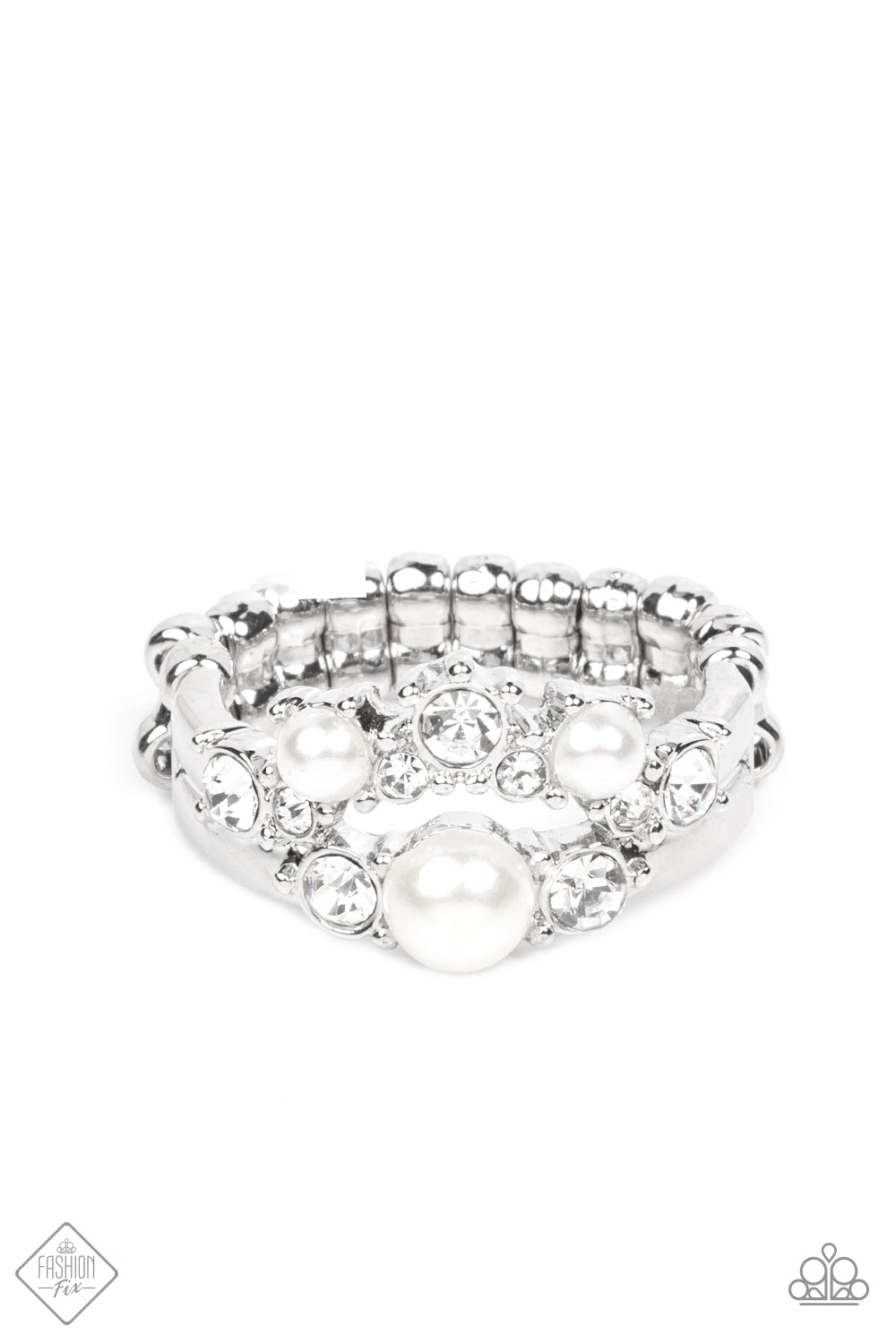 A-List Ambience - White Pearl - Silver Ring - Paparazzi Accessories - Featuring pronged silver fittings, a bubbly collection of white pearls and glassy white rhinestones coalesce into two effervescent bands across the finger. Features a dainty stretchy band for a flexible fit. Sold as one individual ring.