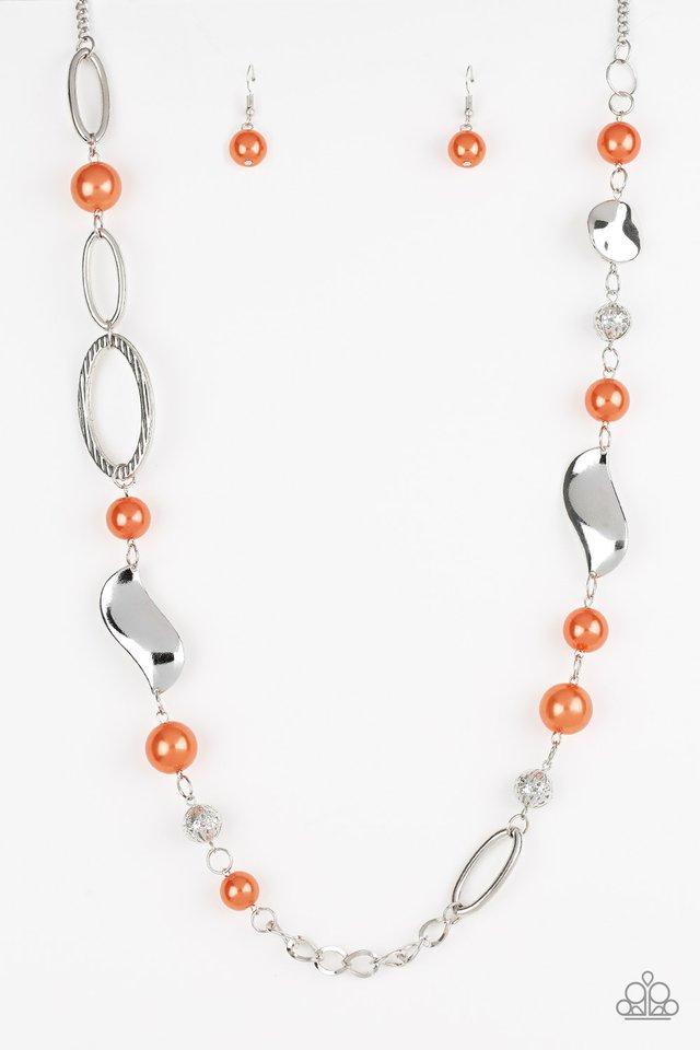 All About Me - Orange Pearl and Silver Necklace - Paparazzi Accessories -
Oversized orange pearls, ornate silver beads, and an array of glistening silver accents trickle along a lengthened silver chain for a refined look. Features an adjustable clasp closure.