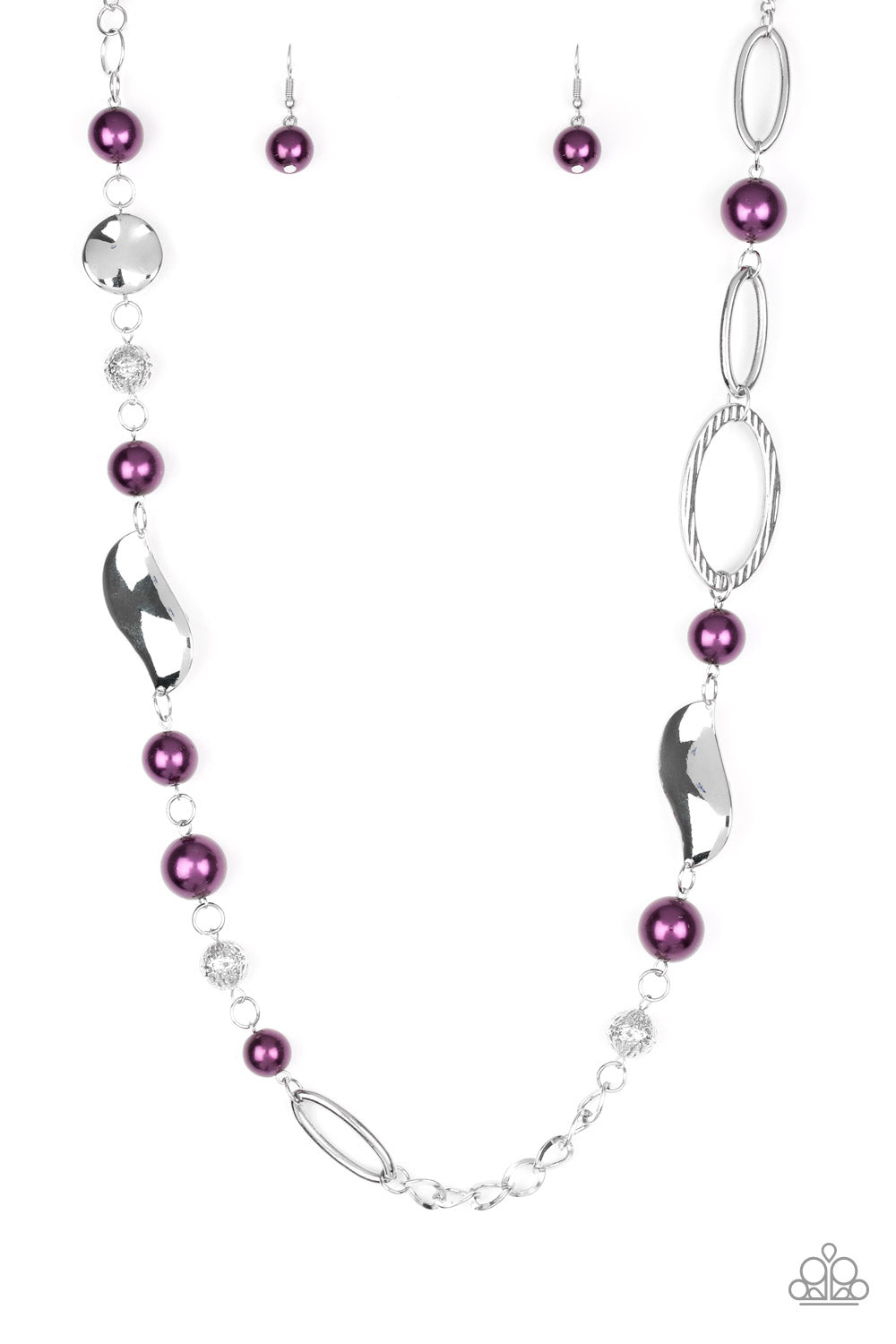 All About Me - Purple and Silver Necklace - Paparazzi Accessories - Oversized purple pearls, ornate silver beads, and an array of glistening silver accents trickle along a lengthened silver chain for a refined look. Features an adjustable clasp closure. Sold as one individual necklace.