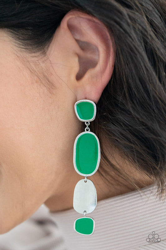 All Out Allure - Green and Silver Earrings - Paparazzi Accessories - 
Painted in a shiny Mint finish, asymmetrical frames attach to a single silver frame, creating an abstract lure. Earring attaches to a standard post fitting.
Sold as one pair of post earrings.