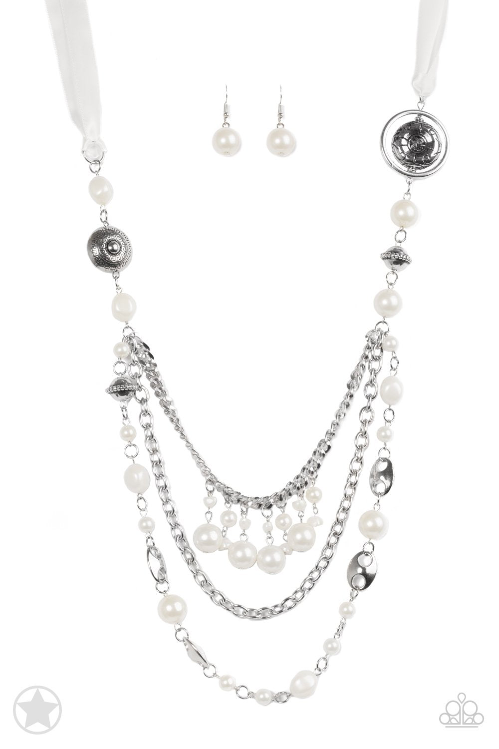 All Trimmings Ivory Necklace - Paparazzi Accessories - A silky ivory ribbon replaces a traditional chain to create an elegant look. Pearly ivory beads and funky silver pieces with varying lengths of silver layered chains to give a Victorian-inspired style to this necklace.
