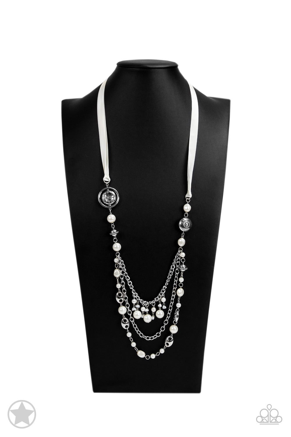 All Trimmings Ivory Necklace - Paparazzi Accessories - A silky ivory ribbon replaces a traditional chain to create an elegant look. Pearly ivory beads and funky silver pieces with varying lengths of silver layered chains to give a Victorian-inspired style to this necklace.