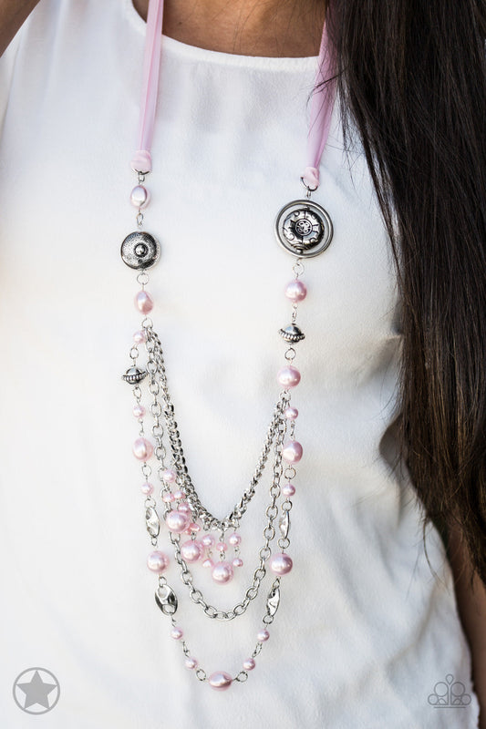 All Trimmings - Pink Pearly and Silver Fashion Necklace - Paparazzi Accessories - A silky pink ribbon replaces a traditional chain for an elegant look. Pearly light pastel pink beads and funky silver pieces with varying lengths of layered silver chains to give a Victorian-inspired look to this stylish necklace.
