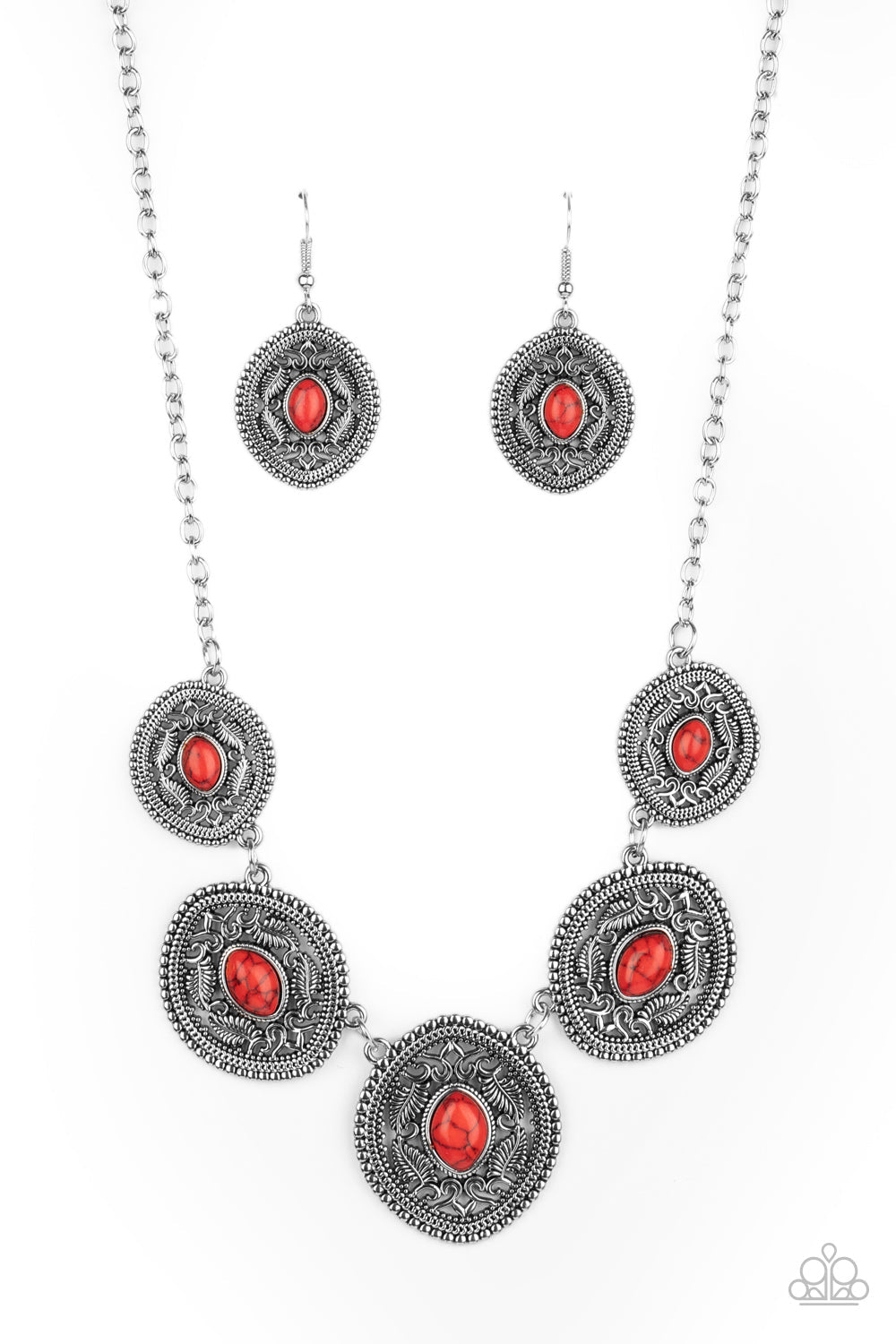 Alter ECO - Red and Silver Necklace - Paparazzi Jewelry - Bejeweled Accessories By Kristie - Dainty red stones dot the centers of leafy silver filigree filled frames that delicately connect below the collar, creating a colorfully earthy look. Features an adjustable clasp closure.