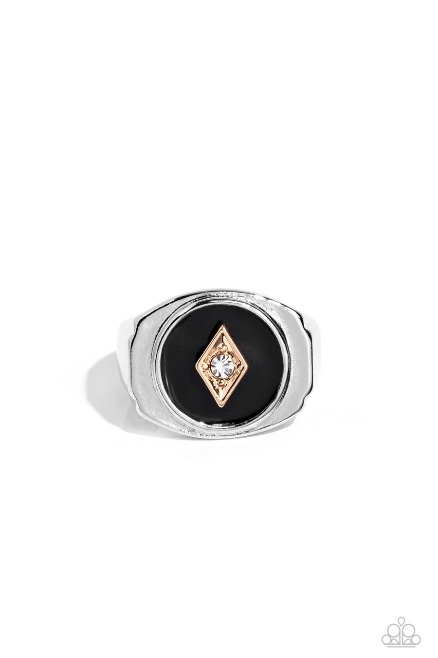 Alumni - Black and Silver Ring - Paparazzi Accessories - A solitaire white rhinestone is pressed into the center of a gold diamond-shaped frame that sits atop a painted black backdrop.