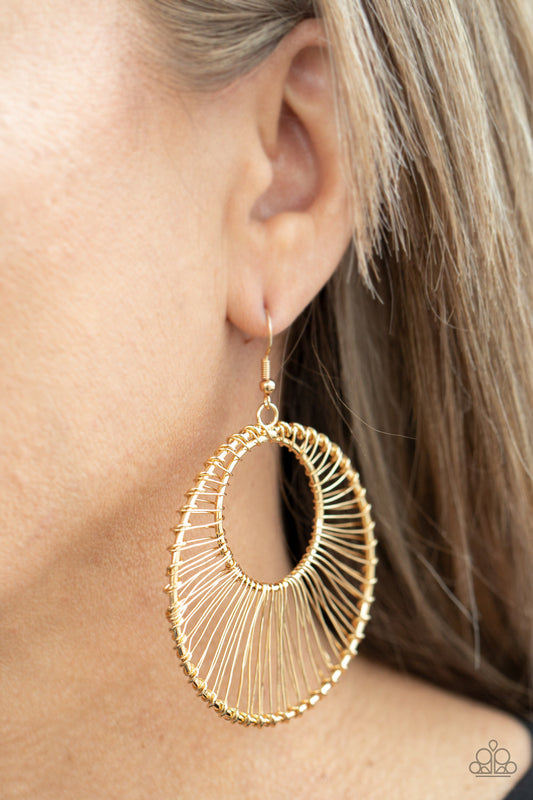Artisan Applique - Gold Earrings - Paparazzi Accessories - Glistening gold wire wraps around two gold hoops, creating an airy crescent shaped frame for an artisan inspired fashion earrings.