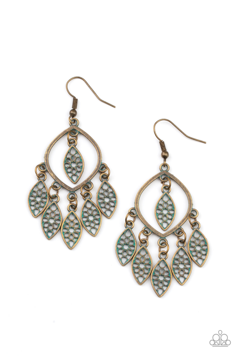Artisan Garden - Brass Floral Earrings - Paparazzi Accessories - Brushed in a patina finish, dainty floral brass frames swing from the bottom and top of an airy brass frame, creating a rustic fringe. Earring attaches to a standard fishhook fitting. Sold as one pair of earrings.