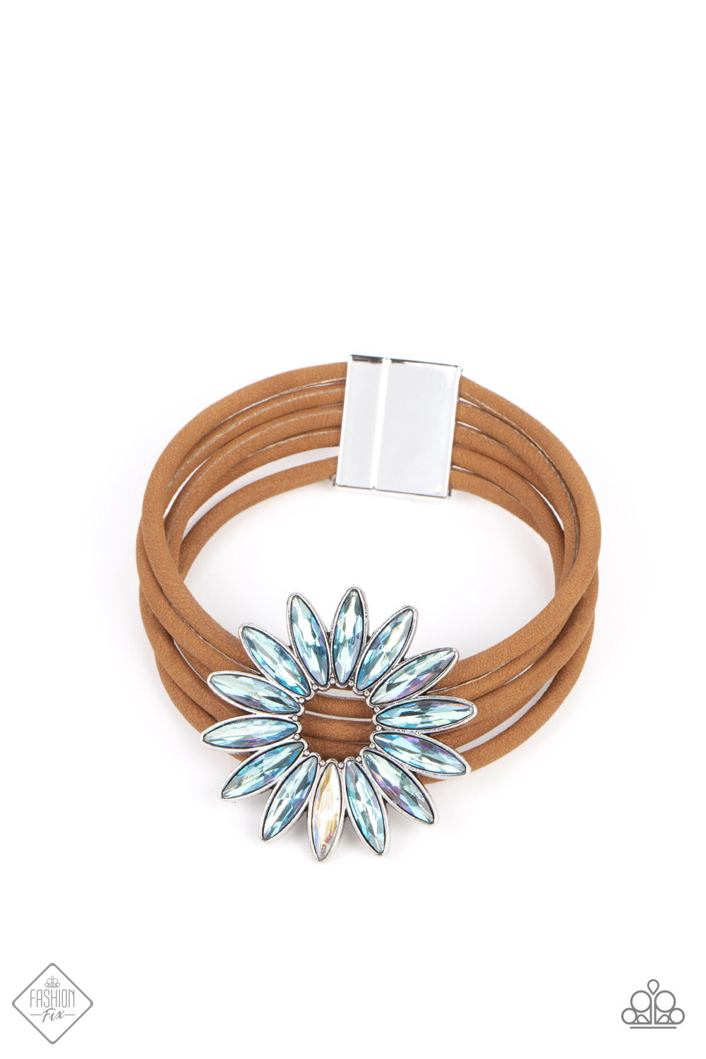 Astral Adventure - Iridescent and Brown Suede Bracelet - Paparazzi Accessories - Row after row of brown suede cords layer around the wrist. Featuring oblong marquise style cuts, an iridescent collection of rhinestones fans out into a circular focal point, resulting in a celestial centerpiece. Features a magnetic closure.