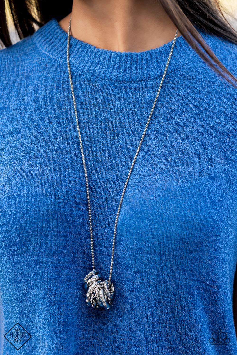 Audacious Attitude - Silver Fashion Necklace - Paparazzi Accessories - Featuring white rhinestones, faceted surfaces, twisted finishes, and chain-like patterns, an edgy collection of mismatched silver rings glide along a lengthened silver popcorn chain in a glamorously gritty finish. Features an adjustable clasp closure. Sold as one individual necklace.