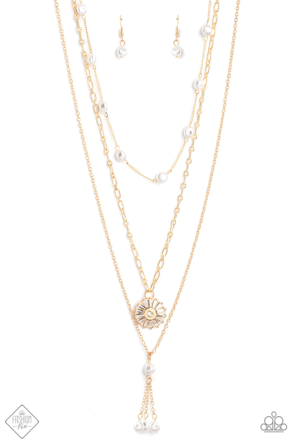 Audaciously Austen - Gold Pearl Necklace - Paparazzi Accessories - Three shimmery gold chains layer across the chest, with each strand featuring a different motif. Featured on the uppermost chain, white pearls sporadically dot a dainty gold chain. Below it, a gold paperclip chain with a circular pendant adorned in a classy collection of emerald-cut white gem bars fanning out. Finally, on the lowermost layer, baroque pearls drip into a flirtatious tassel, infusing the design with subtle movement.