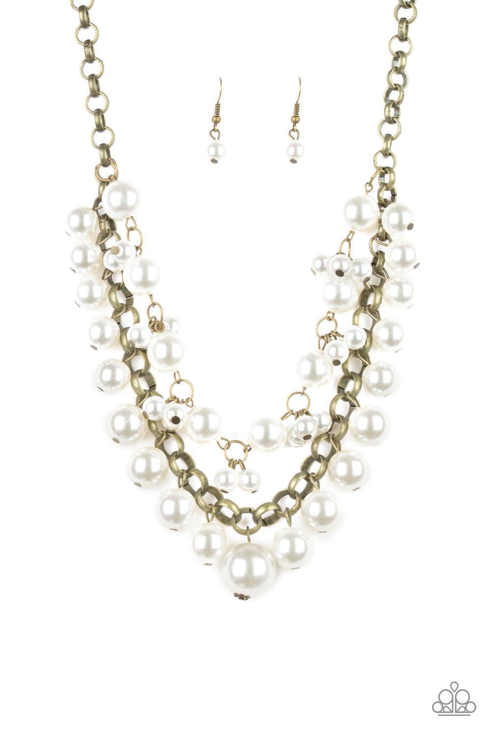 BALLROOM Service - Brass and White Pearl Necklace - Paparazzi Accessories - Two rows of mismatched white pearls gorgeously drape below the collar. Featuring oversized brass links and an assortment of pearl sizes, the bubbly strands layer into a dramatic fringe for a modern timelessness. Features an adjustable clasp closure. Sold as one individual necklace.