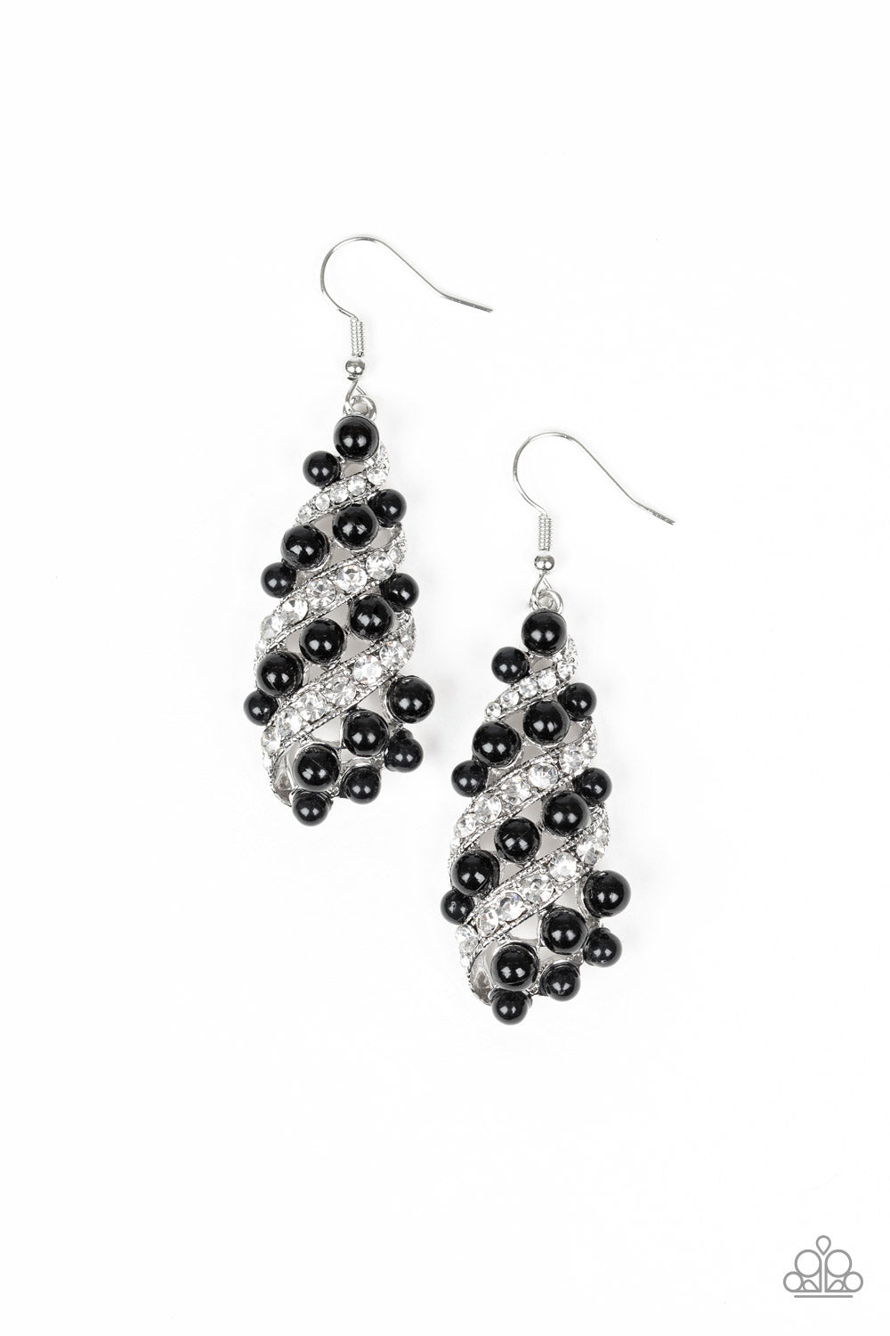 Ballroom Waltz - Black and Silver Fashion Earrings - Paparazzi Accessories - White rhinestone encrusted ribbons wrap around a shiny black beaded teardrop frame for a timeless look. Earring attaches to a standard fishhook fitting.