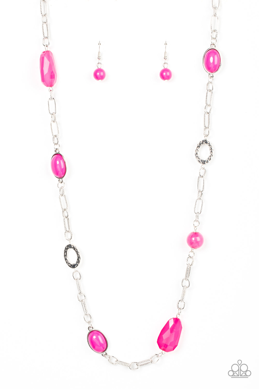 Barcelona Bash - Fuchsia Pink Necklace - Paparazzi Accessories - Featuring acrylic, faceted, and glassy finishes, a refreshing assortment of Fuchsia Fedora beads and gems join hammered silver discs along oversized textured links across the chest for a playful splash of color.
