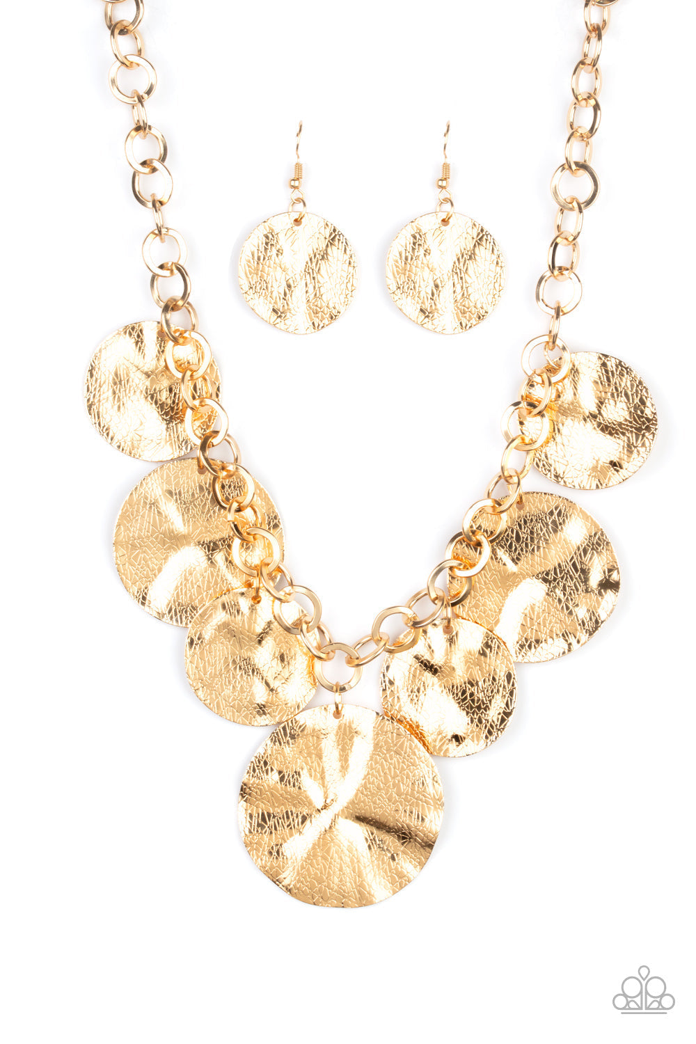 Barely Scratched The Surface - Gold Necklace - Paparazzi Accessories - Scratched in shimmer, warped gold discs swing from the bottom of a thick gold chain, creating a bold fringe below the collar. Features an adjustable clasp closure. Sold as one individual necklace.
