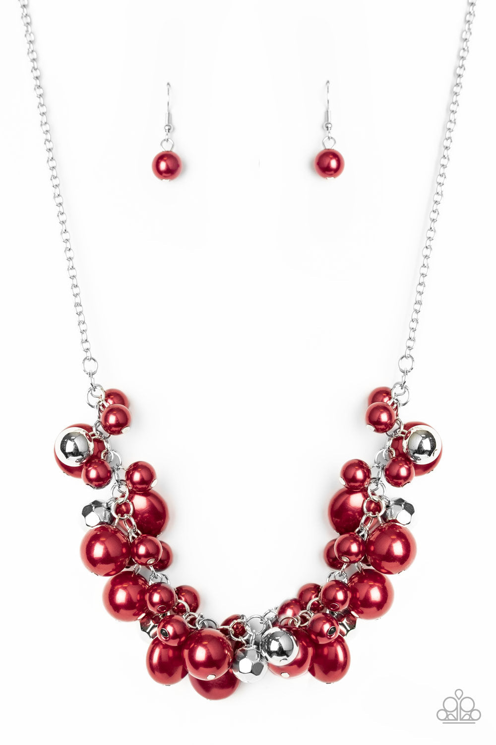 Battle of the Bombshells - Red and Silver Necklace - Paparazzi Accessories - Sprinkled with faceted and shiny silver beaded accents, a bubbly collection of round, oval, and flat red pearls cluster below the collar for a statement-making finish. Features an adjustable clasp closure. Sold as one individual necklace.