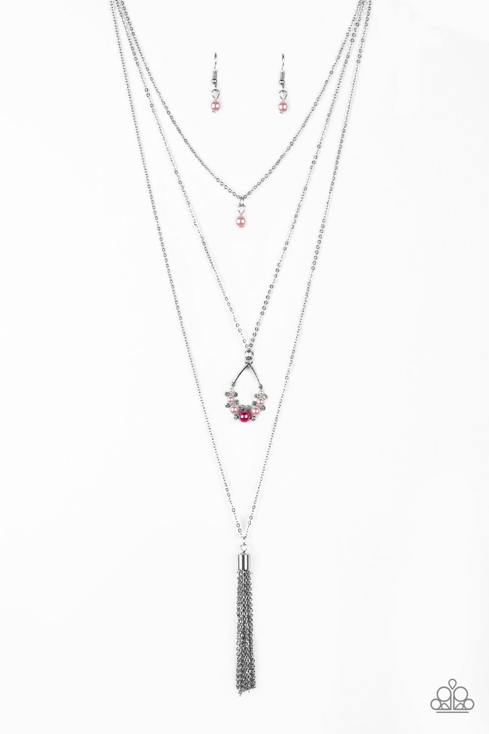 Be Fancy - Pink - Red and Silver Necklace - Paparazzi Accessories - A solitaire pink pearl swings from the uppermost chain, giving way to a teardrop pendant and shimmery silver chain tassel. Dainty white rhinestones and pink pearls collect at the bottom of the centermost pendant for a glamorous finish. Features an adjustable clasp closure. Sold as one individual necklace.