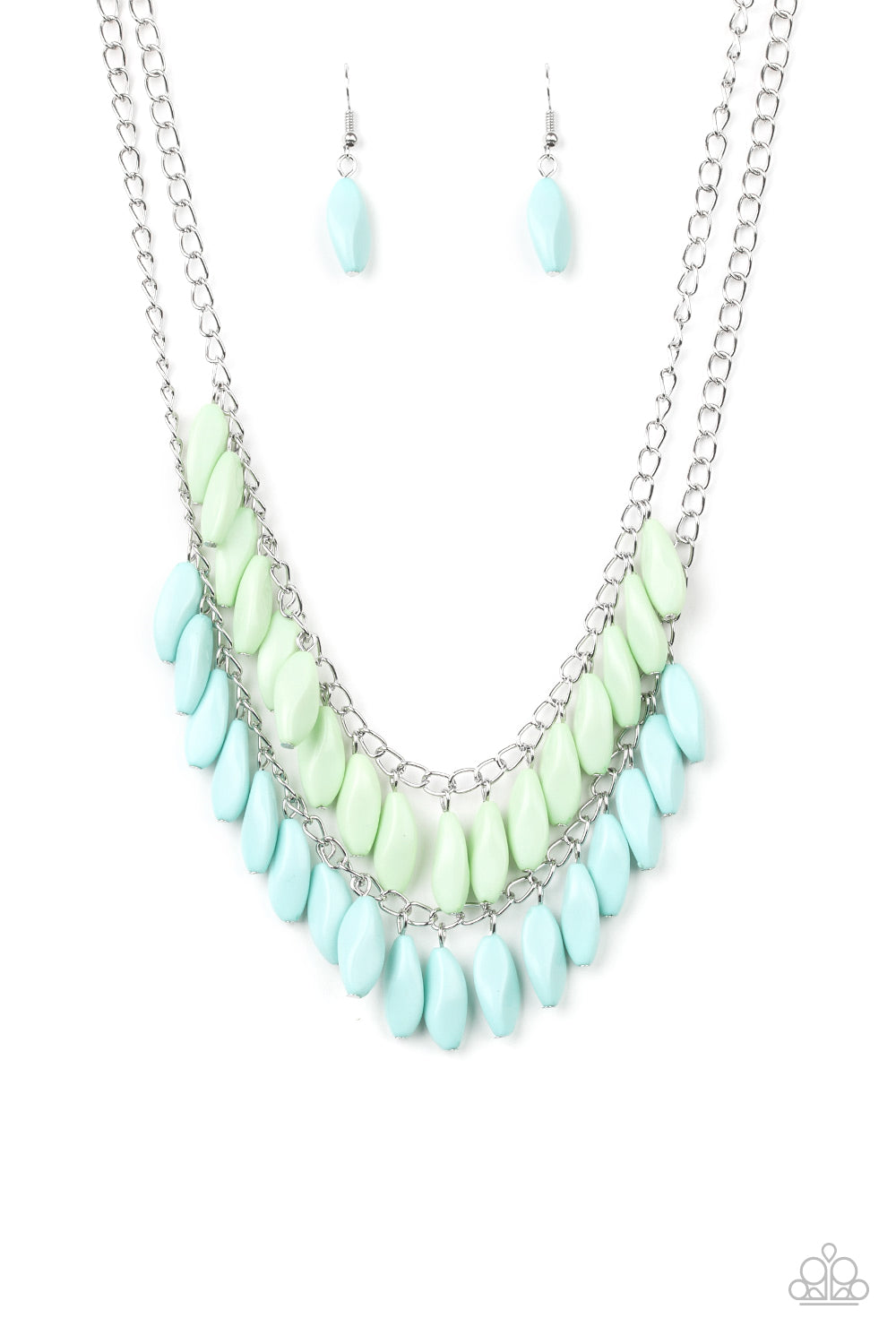Beaded Boardwalk - Blue and Green Necklace - Bejeweled Accessories By Kristie Featuring Paparazzi Jewelry - A row of faceted green beads swings above a row of faceted blue beads, creating a refreshing double fringe below the collar. Features an adjustable clasp closure. Sold as one individual necklace.