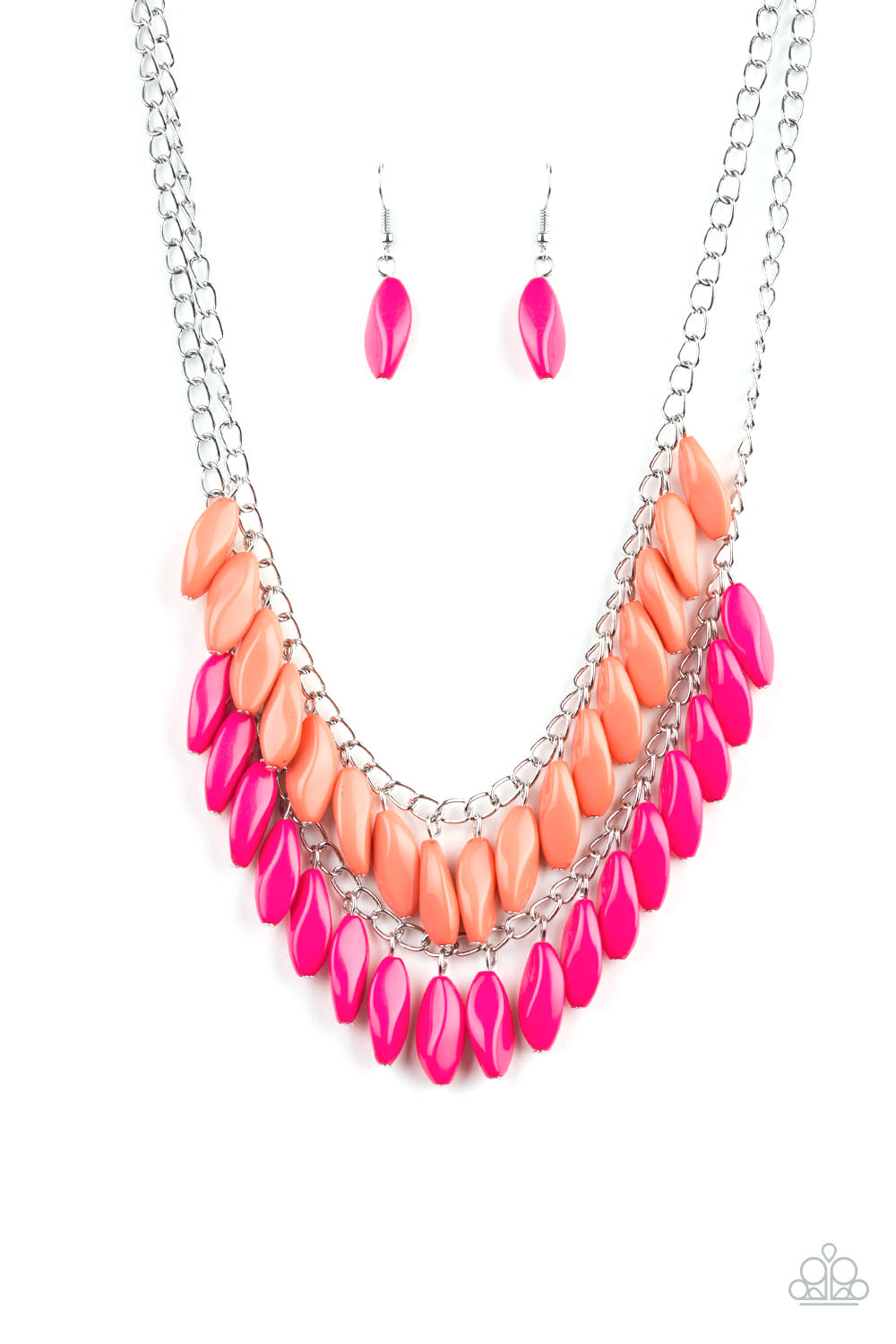 Beaded Boardwalk - Pink and Coral Necklace - Paparazzi Accessories - A row of faceted Living Coral beads swings above a row of faceted pink beads, creating a vivacious double fringe below the collar. Features an adjustable clasp closure. Sold as one individual necklace.