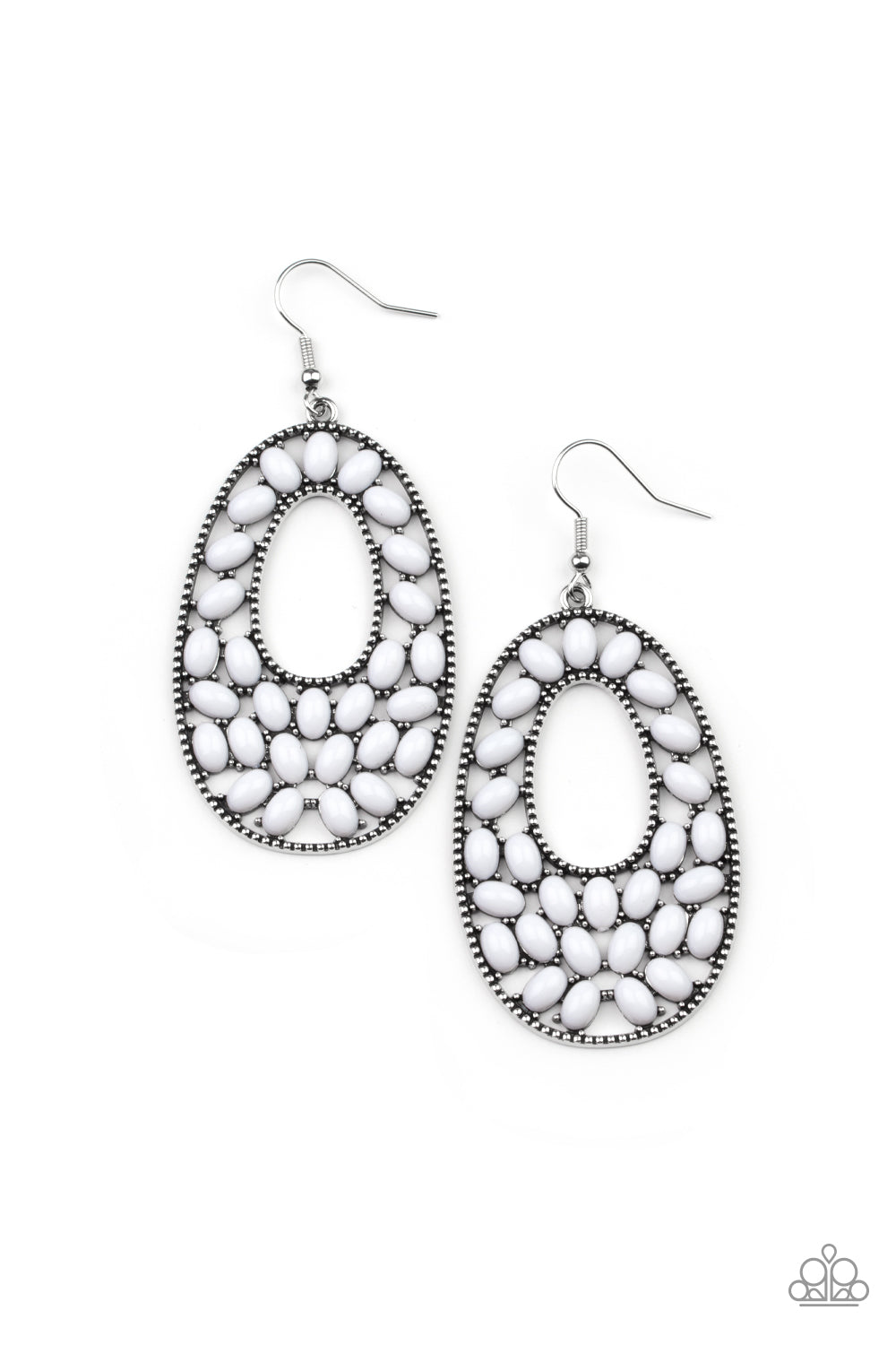 Beaded Shores - White and Silver Fashion Earrings - Paparazzi Accessories - A collection of oval white beads collect inside a studded silver oval frame, creating a bright pop of color. Earring attaches to a standard fishhook fitting. Sold as one pair of earrings.