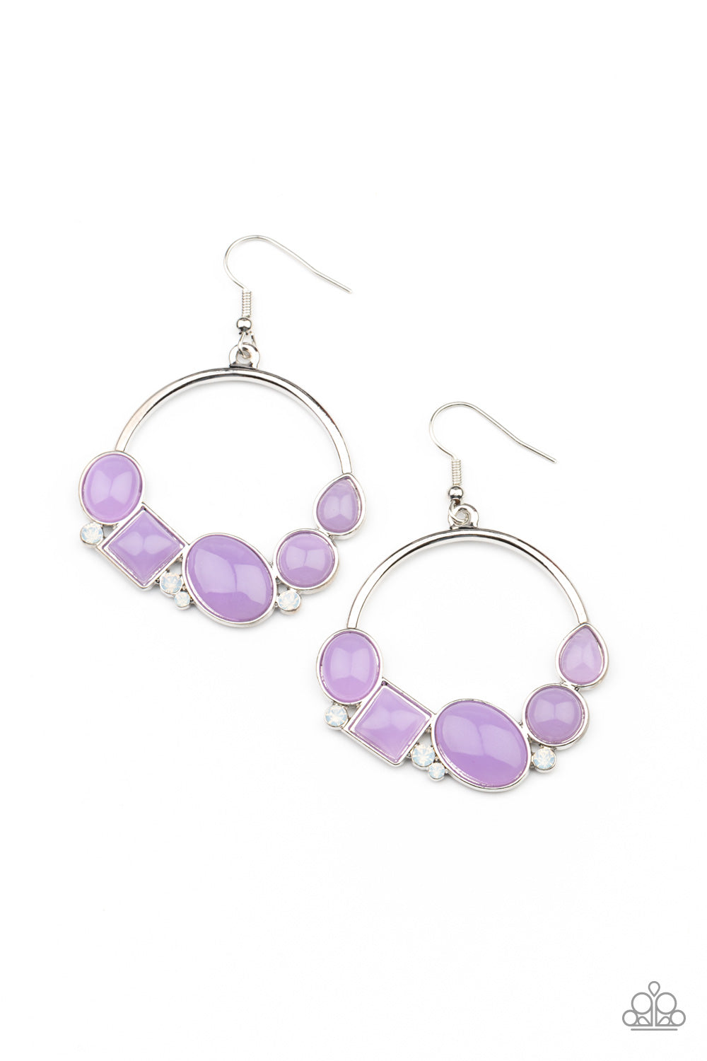 Beautifully Bubblicious - Purple and Silver Earrings - Paparazzi Jewelry - Bejeweled Accessories By Kristie - Dainty opalescent white rhinestones are sprinkled between dewy oval, square, and circular purple beads along the bottom of a silver hoop, creating a bubbly pop of color. Earring attaches to a standard fishhook fitting. Sold as one pair of earrings.