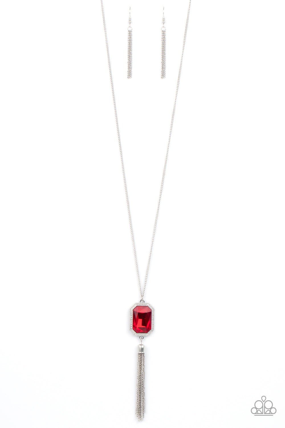 Blissed Out Opulence - Red Gem and Silver Necklace - Paparazzi Accessories - An impressive red emerald cut gem is pressed into the center of a silver studded frame, creating an ethereal pop of color at the bottom of a lengthened silver chain. A silver chain tassel swings from the bottom of the pendant, adding flirtatious movement to the opulent display. Features an adjustable clasp closure.