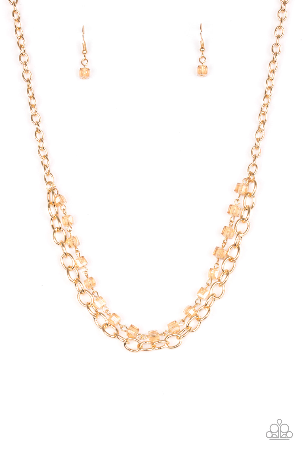 Block Party Princess - Gold Necklace - Paparazzi Accessories - A strand of golden crystal-like cube beading joins a classic strand of gold chain below the collar, creating refined layered necklace.