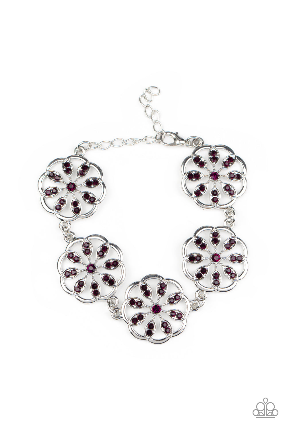 Blooming Bling - Purple Floral - Silver Bracelet - Paparazzi Accessories -
Adorned with purple rhinestone floral accents, scalloped silver frames delicately link around the wrist for a sparkly seasonal fashion. Features an adjustable clasp closure. Sold as one individual bracelet.