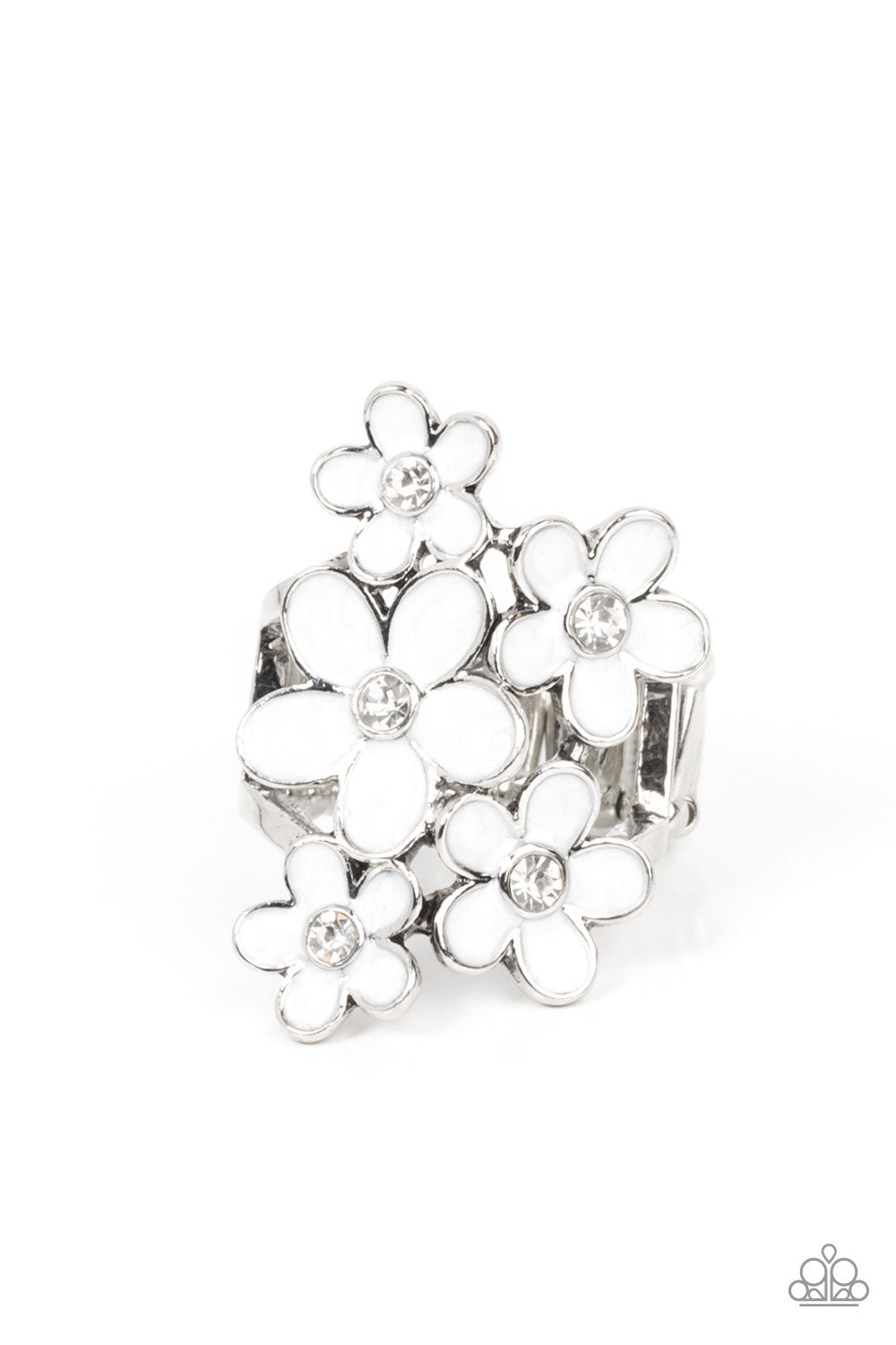 Boastful Blooms - White Flower and Silver Fashion Ring - Paparazzi Accessories - Dainty white rhinestone centers, a bouquet of shiny white flowers blooms across the finger for a sensational seasonal look. Features a stretchy band for a flexible fit. Sold as one individual ring. Bejeweled Accessories By Kristie - Trendy fashion jewelry for everyone -