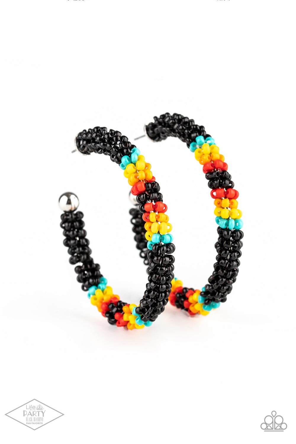 Bodaciously Beaded - Black - Colorful Seed Bead - Hoop Earrings - Paparazzi Accessories - A colorful strand of black, blue, yellow, orange, and red seed beads wraps around a shiny silver hoop, creating a colorfully seasonal look. Earring attaches to a standard post fitting. Hoop measures approximately 2" in diameter. Sold as one pair of hoop earrings.