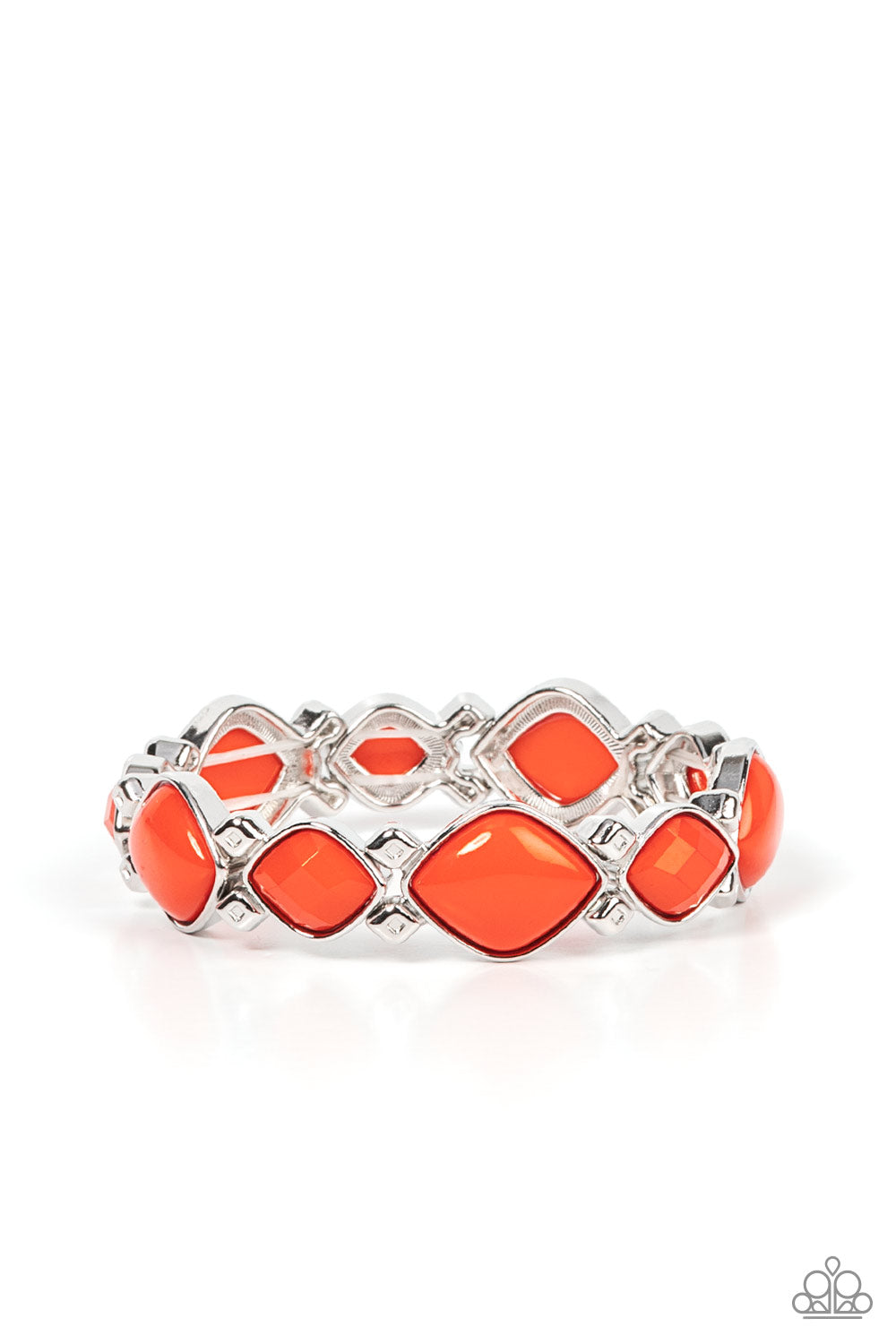 Boldly BEAD-azzled - Orange and Silver Bracelet - Paparazzi Accessories - Attached to silver diamond shaped beads, bubbly burnt orange diamond shaped beaded frames are threaded along stretchy bands around the wrist for a zesty pop of color. Sold as one individual bracelet.