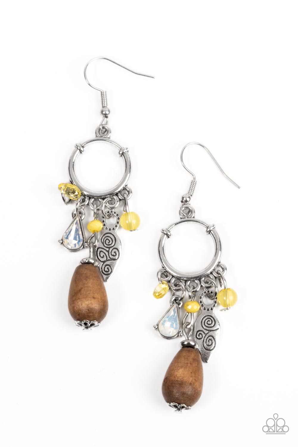 Bountiful Blessings - Yellow and Silver Earrings - Paparazzi Jewelry - Bejeweled Accessories By Kristie - An earthy compilation of wooden teardrop beads, dainty yellow and opal crystal-like accents, and mismatched silver accents cascade from the bottom of a dainty silver hoop, resulting in a whimsical fringe. Earring attaches to a standard fishhook fitting. Sold as one pair of earrings.