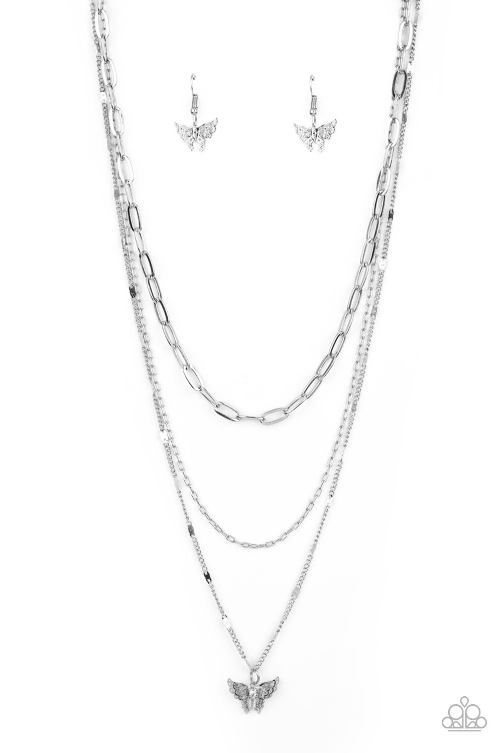 Bountiful Butterflies - Silver Fashion Necklace - Paparazzi Accessories - Dotted with a dainty white rhinestone, a decoratively layered silver butterfly swings from the bottom of a display of mismatched silver chains for a whimsically fluttering fashion. Features an adjustable clasp closure.