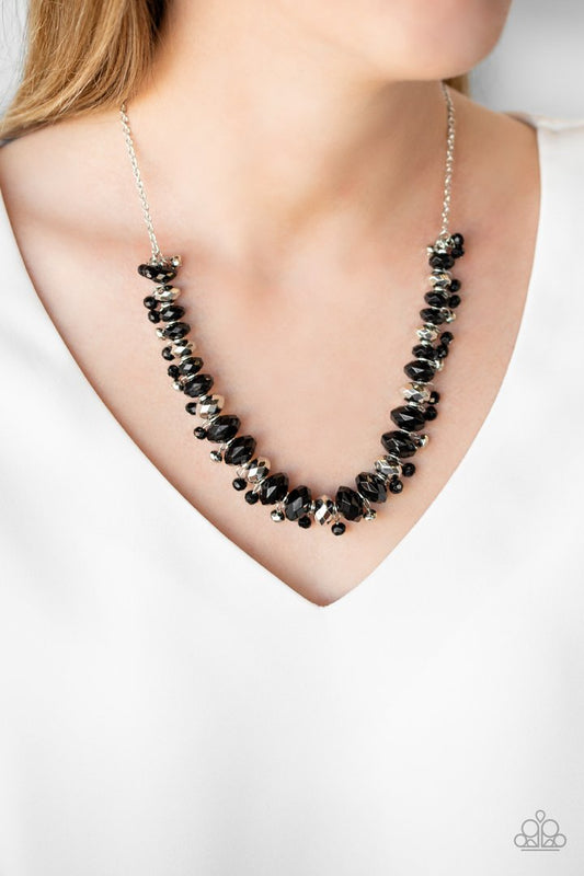 BRAGs To Riches - Black and Silver - Necklace - Paparazzi Accessories - 
Faceted silver and black beads are threaded along an invisible wire below the collar. Dainty silver and black beads dangle from the colorful combination, creating an edgy fringe. Features an adjustable clasp closure.