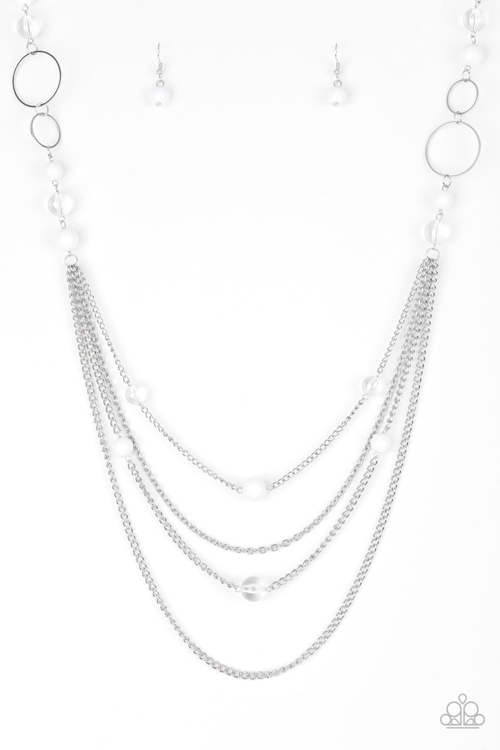 Bubbly Bright - White and Silver Necklace - Paparazzi Accessories - Infused with shimmery silver hoops, glassy and polished white beads trickle along glistening silver chains for a bubbly look. Features an adjustable clasp closure. Sold as one individual necklace.