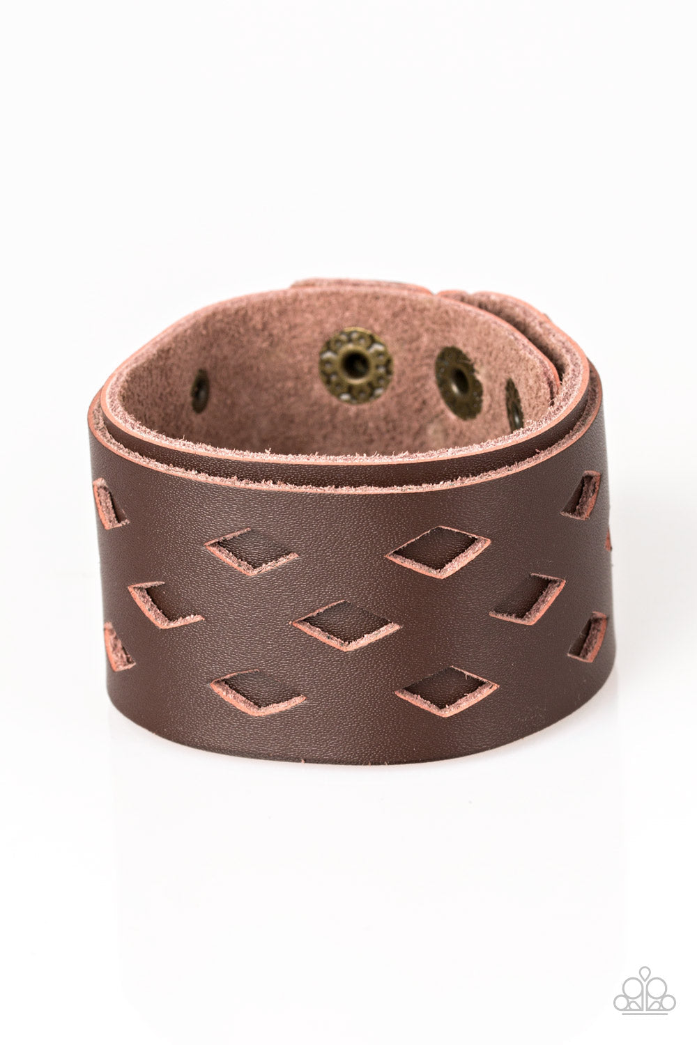 Bucking Bronco Brown - Men's Leather Bracelet - Paparazzi Accessories - Featuring airy diamond-shaped cutouts, a brown leather band is studded in place along a thicker brown leather band for a rustic look. Features an adjustable snap closure. Sold as one individual bracelet.